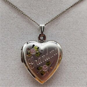 925 Sterling Silver Heart Enamel Pink Flower Grandma Locket Pendent Necklace
